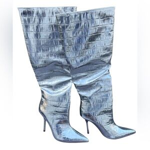 Shiny Silver Croc-Embossed Knee-High Boots
